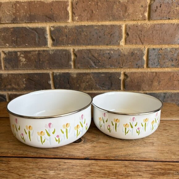 Vintage Enamelware Nesting Mixing Bowls Yellow Flowers Tulips READ - Picture 1 of 10